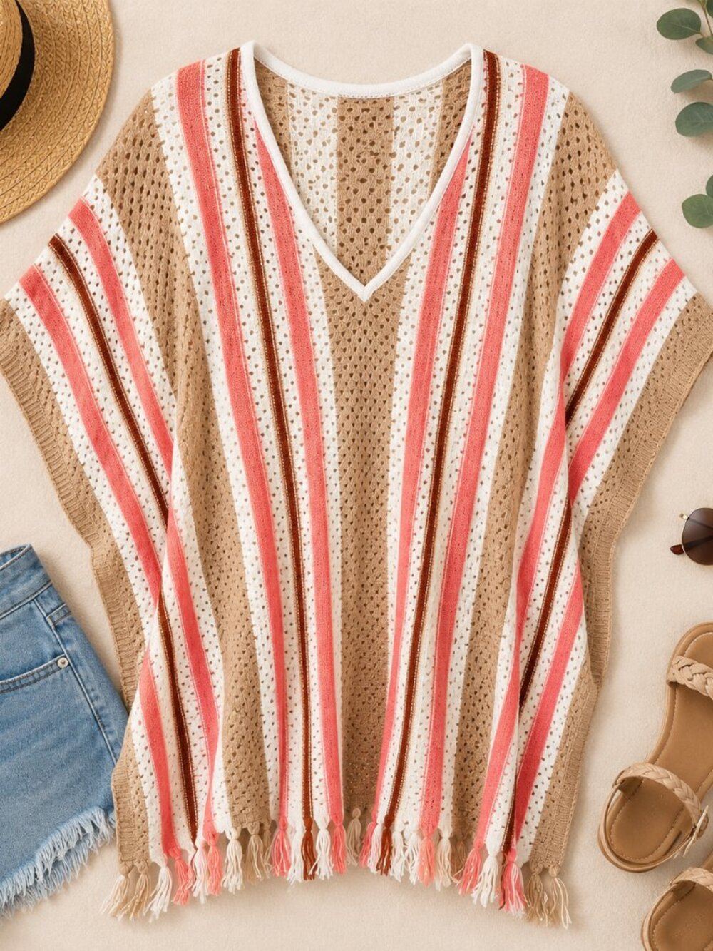 Echo Striped Knit Poncho One Size Tan Pink White Fringe Hem Boho Coverup